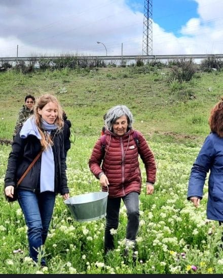 Mónica de Blas camina por un descampado en flor cargando un barreño