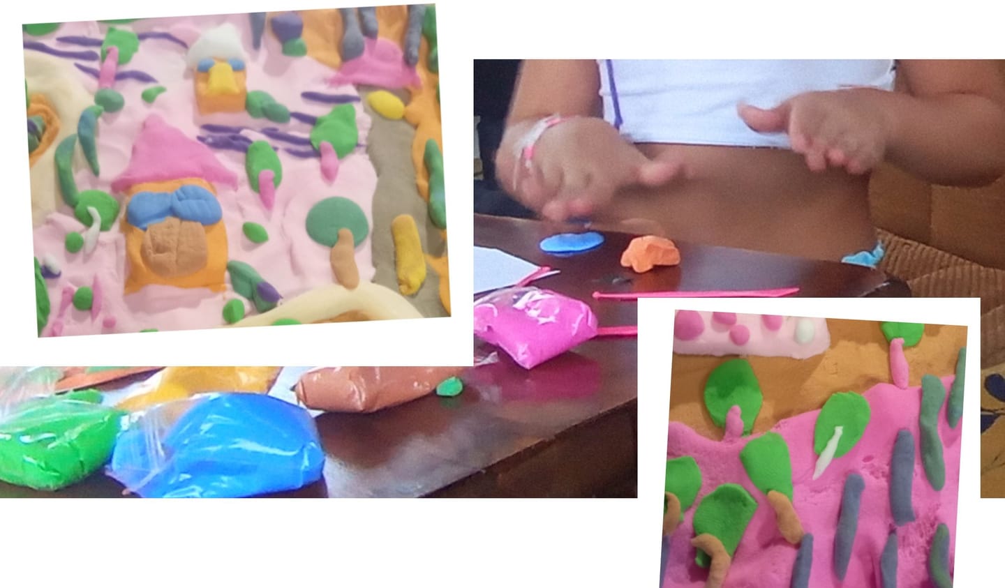 Cuatro fotos de un taller de plastilina: una calle de casas rosas, unas manos infantiles modelando, bolsas de plastilina de colores y un campo verde y rosa